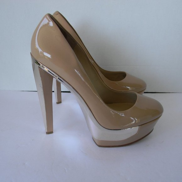 Brian Atwood PATENT Leather Leonida TAN/METALLIC PLATFORM HIGH HEELS SZ 8/38.5 - Picture 1 of 8